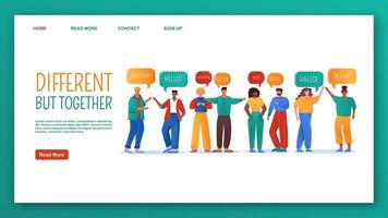 Different but together landing page vector template. Multinational group website interface, flat illustrations. Unity in diversity homepage layout. Multicultural relationships webpage cartoon concept