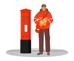 Post office male worker flat color vector illustration. Royal mail employee. Traditional British post service. Delivery man with package isolated cartoon character on white background