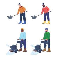 Man cleaning snow semi flat color vector characters set