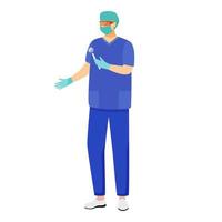 Dentist flat vector illustration. Stomatologist with dental mirror in medical mask. General practitioner, medic wearing blue uniform. Doctor ready for medical procedure. Physician cartoon character