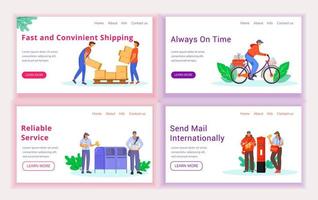 Post service delivery landing page vector template set. Shipping website interface idea with flat illustrations. Male, female uniform in UK and USA homepage layout, web banner, webpage cartoon concept