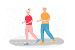 Retired people training flat vector illustration. Physical activity. Healthy lifestyle. Old couple in tracksuits are running outdoor. Active pensioners cartoon characters