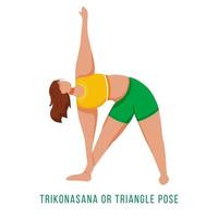 Trikonasana flat vector illustration. Triangle pose. Caucausian woman performing yoga posture in green and yellow sportswear. Workout. Physical exercise. Isolated cartoon character on white background