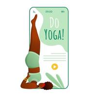 hacer plantilla de vector de interfaz de teléfono inteligente de yoga. salamba savargasana. soporte para hombros apoyado. diseño de diseño verde de la página de la aplicación móvil. mujer haciendo yoga en la pantalla. interfaz de usuario plana para la aplicación. pantalla del teléfono