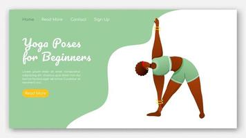 posturas de yoga para principiantes plantilla de vector de página de destino. estilo de vida activo y saludable. idea de interfaz de sitio web bodypositive con ilustraciones planas. diseño de página de inicio, banner web, concepto de dibujos animados de página web