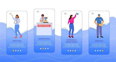 Post office onboarding mobile app screen vector template. Tracking, services, banking and remittance. Walkthrough website steps with flat characters. UX, UI, GUI smartphone cartoon interface concept