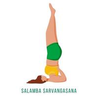 Ilustración de vector plano salamba savargasana. soporte para hombros apoyado. mujer caucásica realizando postura de yoga en ropa deportiva verde y amarilla. ejercicio. personaje de dibujos animados aislado sobre fondo blanco