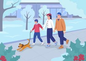 Winter walk in park flat color vector illustration