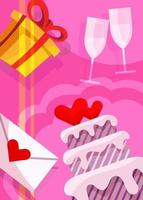 Wedding poster with cake and gifts. vector