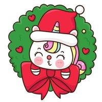 santa unicorn in Christmas wreath kawaii cartoon