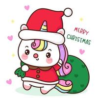 Cute Unicorn cartoon wear santa hat with Christmas gifts kawaii vector