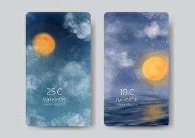 Hand painted watercolor night sky background with weather app user interface design vector
