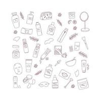 conjunto de doodle de cuidado de la piel aislado en el fondo elementos lineales dibujados a mano. colección de envases cosméticos. ilustración de belleza vectorial vector