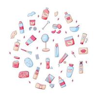 conjunto de doodle de cuidado de la piel aislado en los elementos dibujados a mano de fondo. colección de envases cosméticos. ilustración de belleza vectorial vector