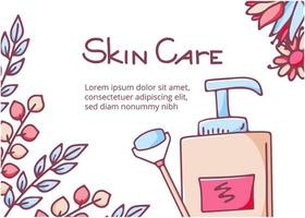 Beauty background with cosmetic bottle and floral design elements. Vector hand drawn illustration