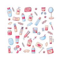 conjunto de doodle de cuidado de la piel aislado en los elementos dibujados a mano de fondo. colección de envases cosméticos. ilustración de belleza vectorial vector