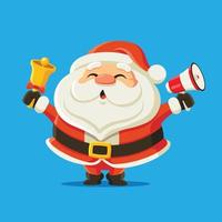 Merry Christmas. Santa Claus holding bell and megaphone to announce something. Vector character