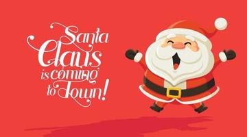 Merry Christmas card. Funny cartoon Santa Claus jumping happily on red background with calligraphy lettering. For Christmas and New Year greeting card and social media use vector