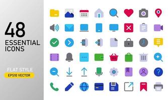 conjunto de iconos planos esenciales. icono de uso común para la tecnología digital y la interfaz de usuario de la aplicación. colección de iconos esenciales redondeados planos. vector