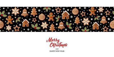 christmas background with gingerbread cookies. seamless banner with gingerbreads vector