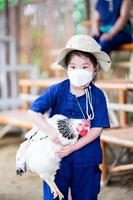 Portrait of little girl in a 4D white face mask is trying to holding a chicken for the first time. Children learn farmer of nature outside the classroom. Learn from real experiences.