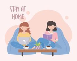 stay at home, girls with laptop and book sitting in room vector