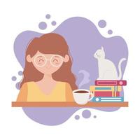 stay at home, young woman with cat coffee cup and books vector