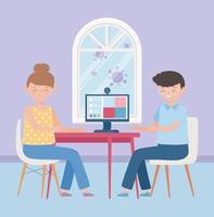 stay at home, man and woman online meeting with computer in room vector