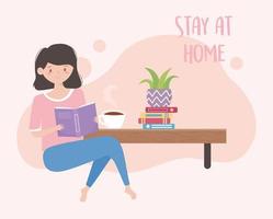 stay at home, girl reading a book sitting with a cup of coffee and potted plant at the table vector