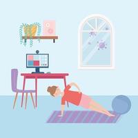 stay at home, young woman practicing exercises and computer in room vector