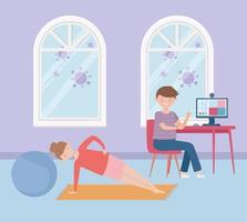 stay at home, boy with and woman practicing exercises vector