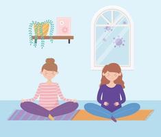 quedarse en casa, las niñas practicando la meditación del yoga en la colchoneta en la habitación vector