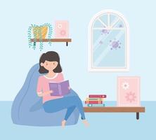 stay at home, girl reading book sitting in chair with books on table vector