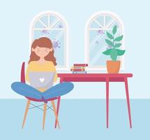 stay at home, girl using laptop in room with table books vector