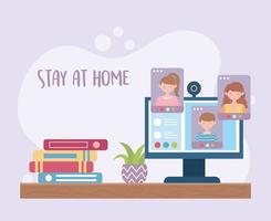 quedarse en casa, estudiar libros de personas en línea y en el escritorio vector