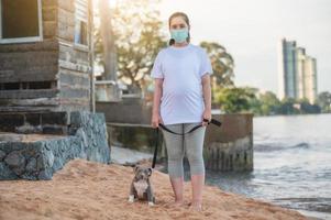 American bully puppy funny on beach with people family travel mask new normal photo