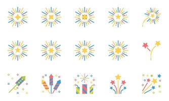 iconos de fuegos artificiales ilustración vectorial plana, celebración, brillo, fiesta vector