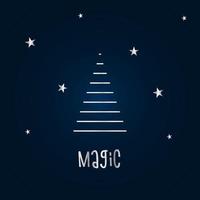 Silver silhouette of a Christmas tree with stars on a dark blue background. Merry Christmas and Happy New Year 2022. Vector illustration. Magic.