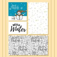 A set of 4 hand-drawn illustrations. A set of winter doodle elements with lettering - Hello Winter. Seamless patterns. Merry Christmas and Happy New Year 2022. Hand-drawn doodle. vector