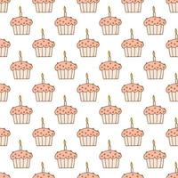Hand drawn seamless pattern. Doodle style. Festive elements. Cupcake with candle. White background. Vector. vector