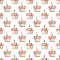 Hand drawn seamless pattern. Doodle style. Festive elements. Cupcake with candle. White background. Vector. vector