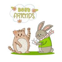 gracioso conejito con una chaqueta verde y un pañuelo de rayas rosa y blanco con un sobre con un corazón y un gatito con una flor. Ilustración de doodle dibujado a mano. mejores amigos. vector