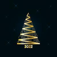 Magic golden Christmas tree made of ribbon and circles on a dark blue background with a sparkling stars. Merry Christmas and Happy New Year 2022. Vector illustration.