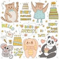 Hand drawn cute animals with lettering. Cat, Panda, Bunny with striped ears and a belly, Mouse with a pink bow and a heart, Owl in a blue dress with polka dots and boots. Gift and cake with candles. vector