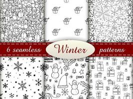 6 seamless patterns in doodle style. Winter endless illustration is hand-drawn. Happy New Year 2022 and Merry Christmas. Black and white elements on a white background. vector