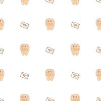 Hand drawn cute animals. Seamless pattern. A bunny with striped ears and a belly, envelope with heart. White background. Vector. vector