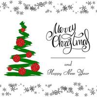 Handwritten lettering Merry Christmas and Happy New Year 2022. Christmas tree with red sparkling balls and black snowstorm. White background. vector
