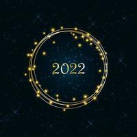 Magic bright glowing golden ring with sparkling balls and numbers on a dark blue background with shiny stars and snowflakes. Merry Christmas and Happy New Year 2022. Vector illustration.