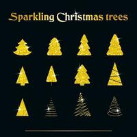 Sparkling Christmas Tree. Golden metallic. Merry Christmas and Happy New Year 2022. Vector illustration.