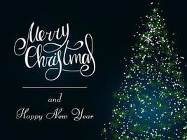 Handwritten white lettering with snowflake on a dark blue background. Magic green Christmas tree of snowflakes. Merry Christmas and Happy New Year 2022. vector